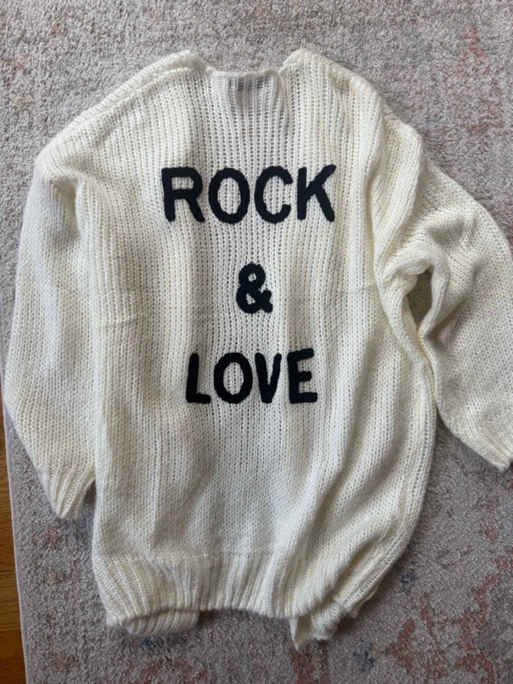 White Knit Sweater with Black "ROCK & LOVE" Text